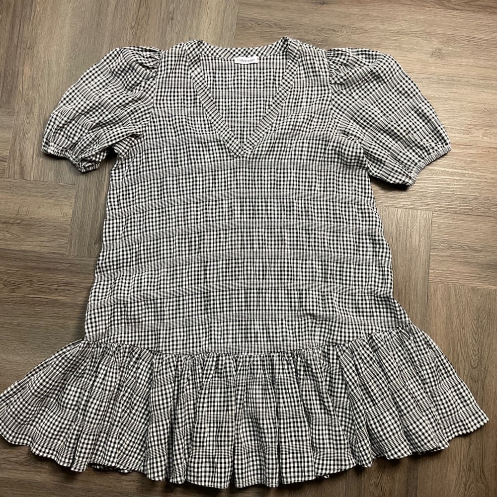 Calvin Klein Gingham Ruffle Hem Babydoll Dress Womens 14 Black White Cottagecore - Picture 2 of 8